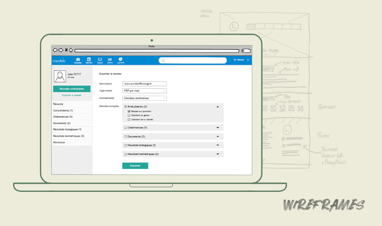 wireframes application santé sur desktop